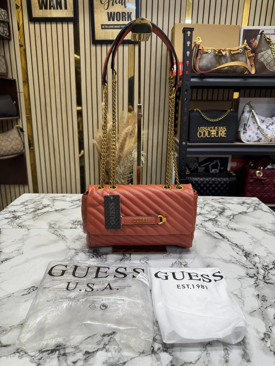 Guess Giully Quilted Shoulder Bag With Dust Bag Brown