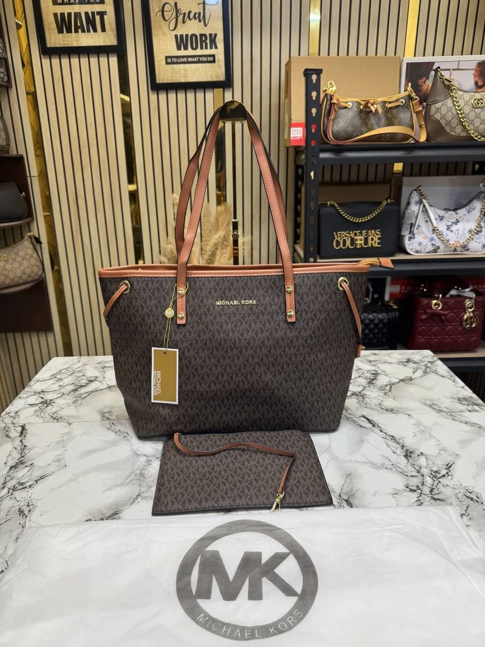 Micheal Kors Logo Tote Bag with Matching Pouch With Dust Bag Coffee Brown 19016