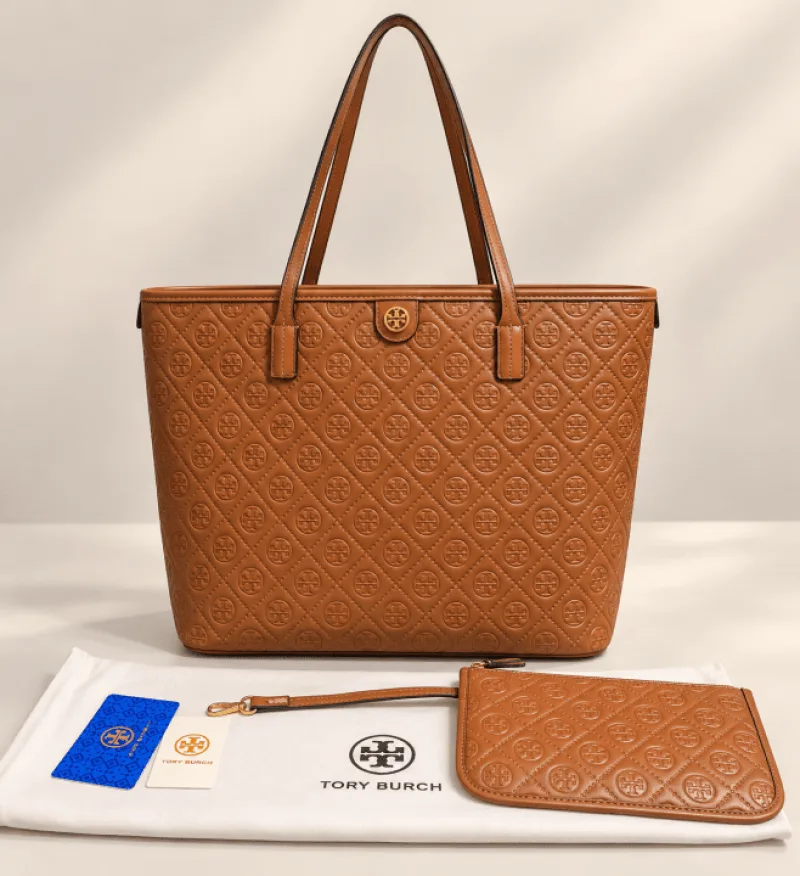 Tori Burch T Monogram Leather Zip Tote Bag With BOX Dust Bag-6906