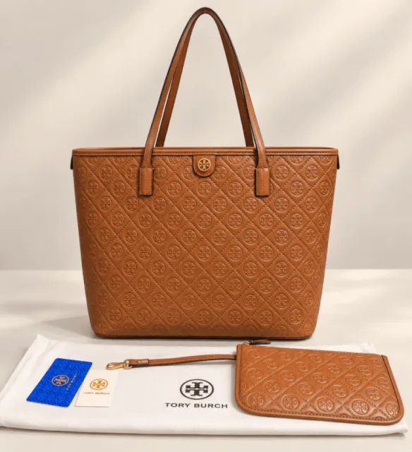 Tori Burch T Monogram Leather Zip Tote Bag With BOX Dust Bag-6906