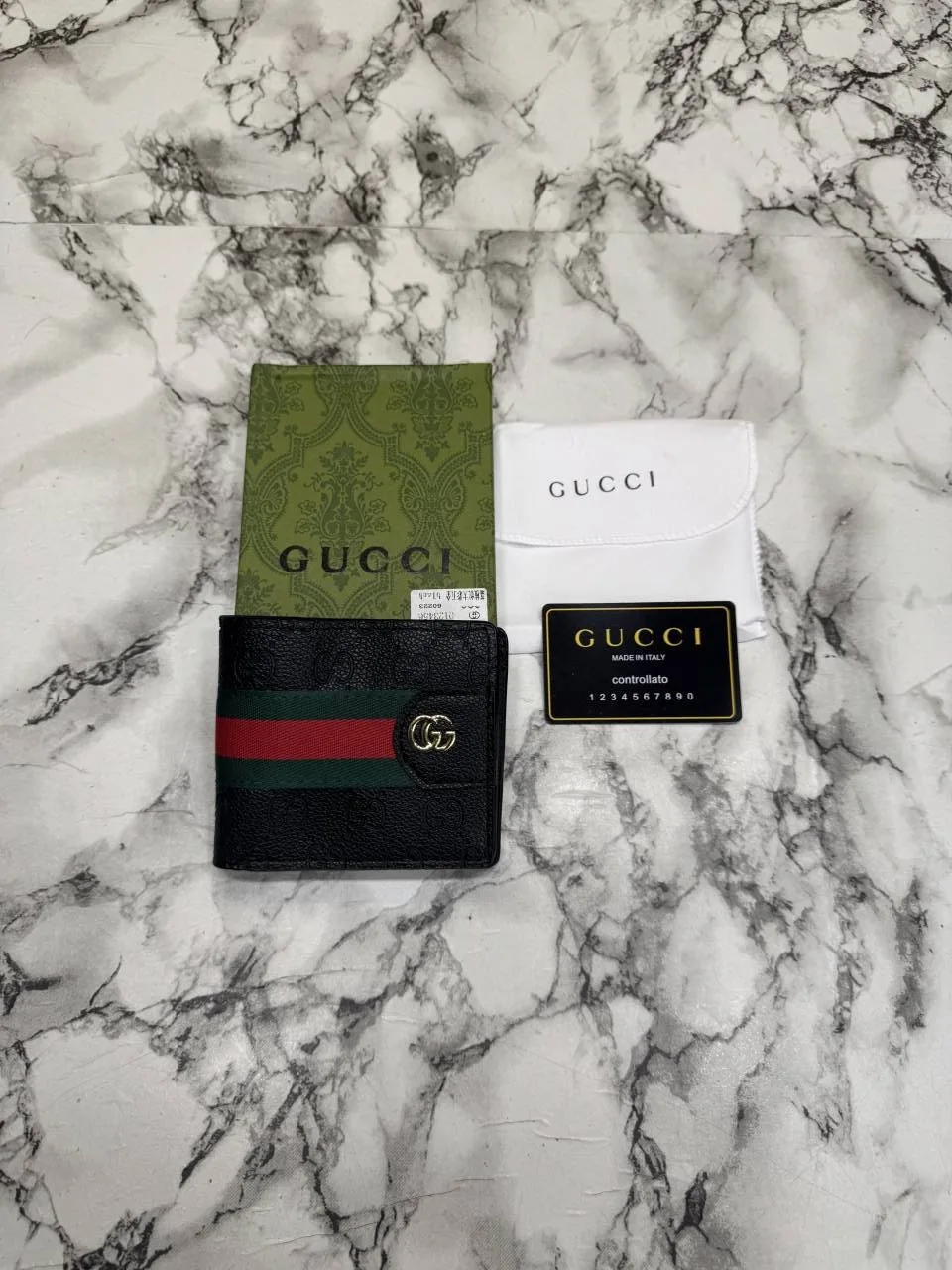 Guchi Signature GG Embossed Web Stripe Leather Trim Wallet (Black) (C4129)
