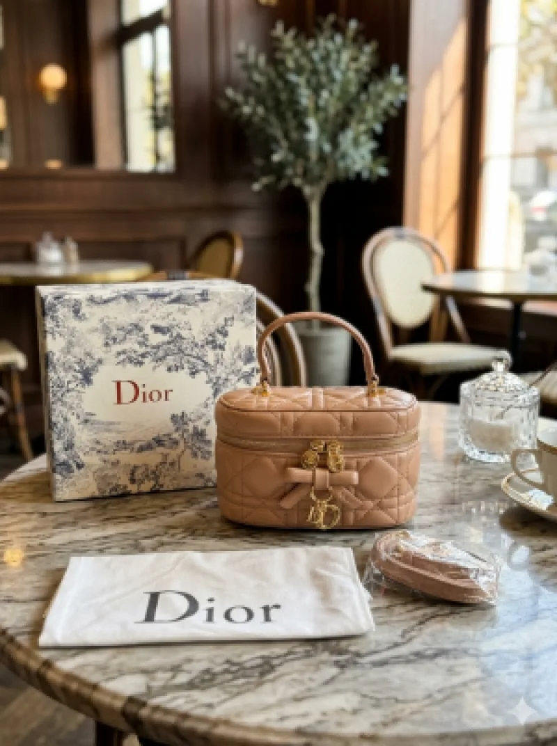 Diyor_Mini Vanity case crafted from Black lambskin with distinctive Cannage stitching and featuring a signature . charm Bag with box premium quality
