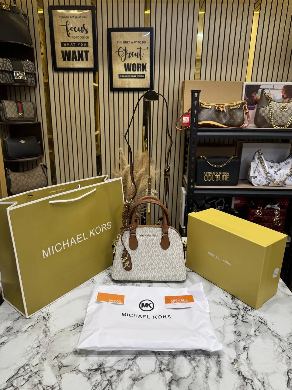 Micheal Kors Veronica Satchel Bag with OG Box Dust Bag Carry Bag Biege Brown - M05