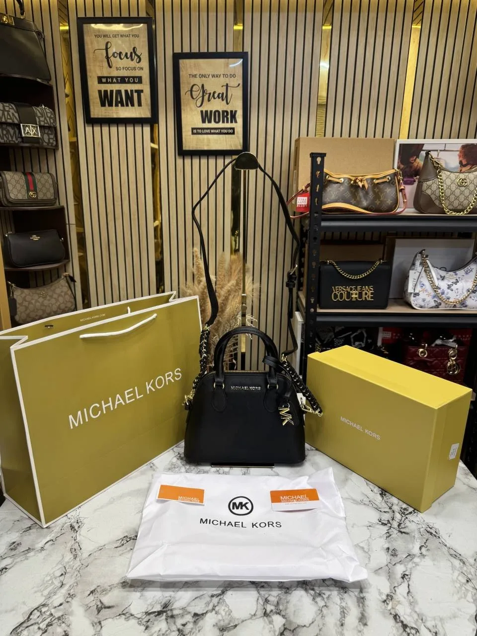 Micheal Kors Veronica Satchel Bag with OG Box Dust Bag & Carry Bag (Black - M05)