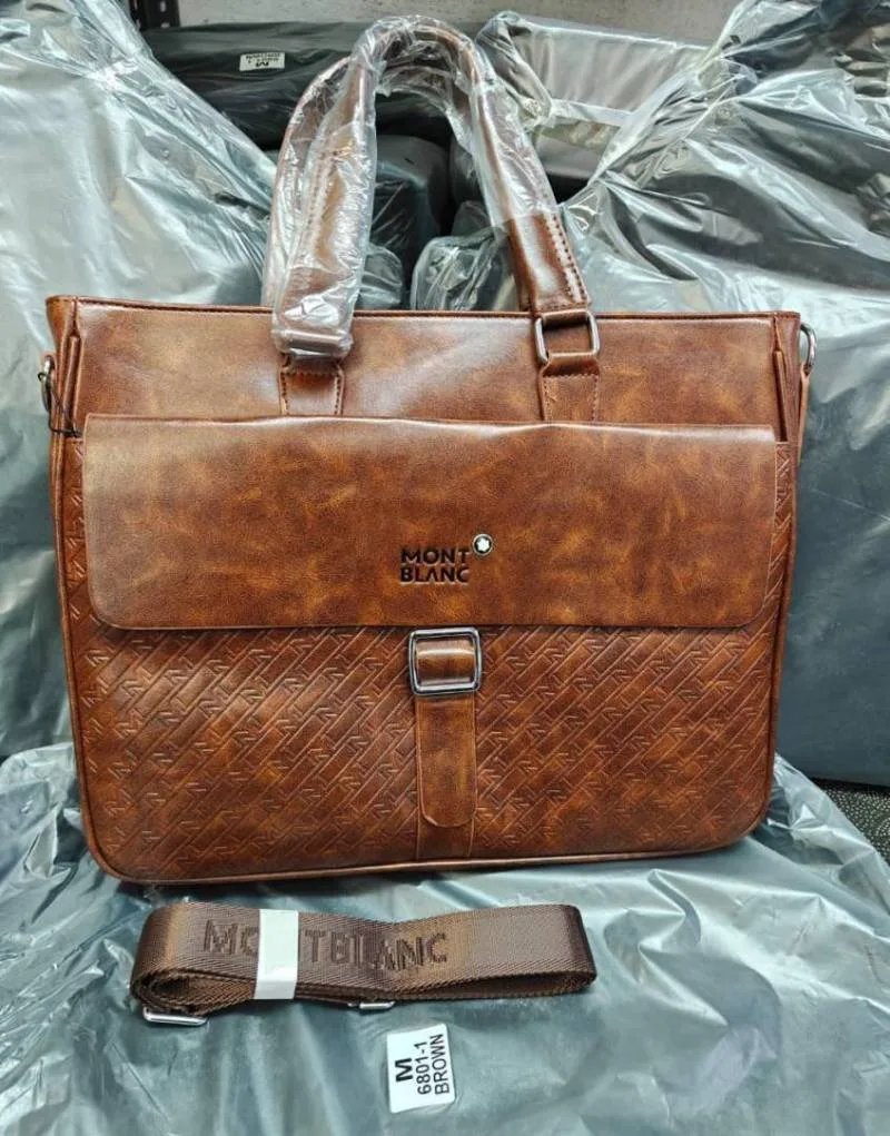 Mont Blanc Textured Flap Strap Leather Laptop Bag With Strap 2nd (M-6801-1) (Brown)