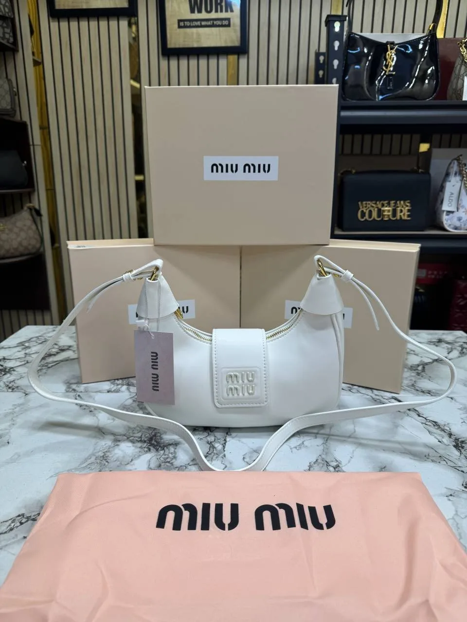 Miu Miu Logo Crescent Styled Shoulder Bag With OG Box And Dust Bag Black (319)