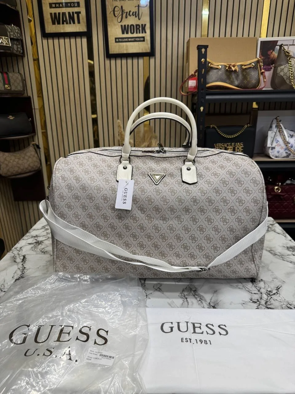 GUESS USA Travel Duffel Bag with Dust Bag White