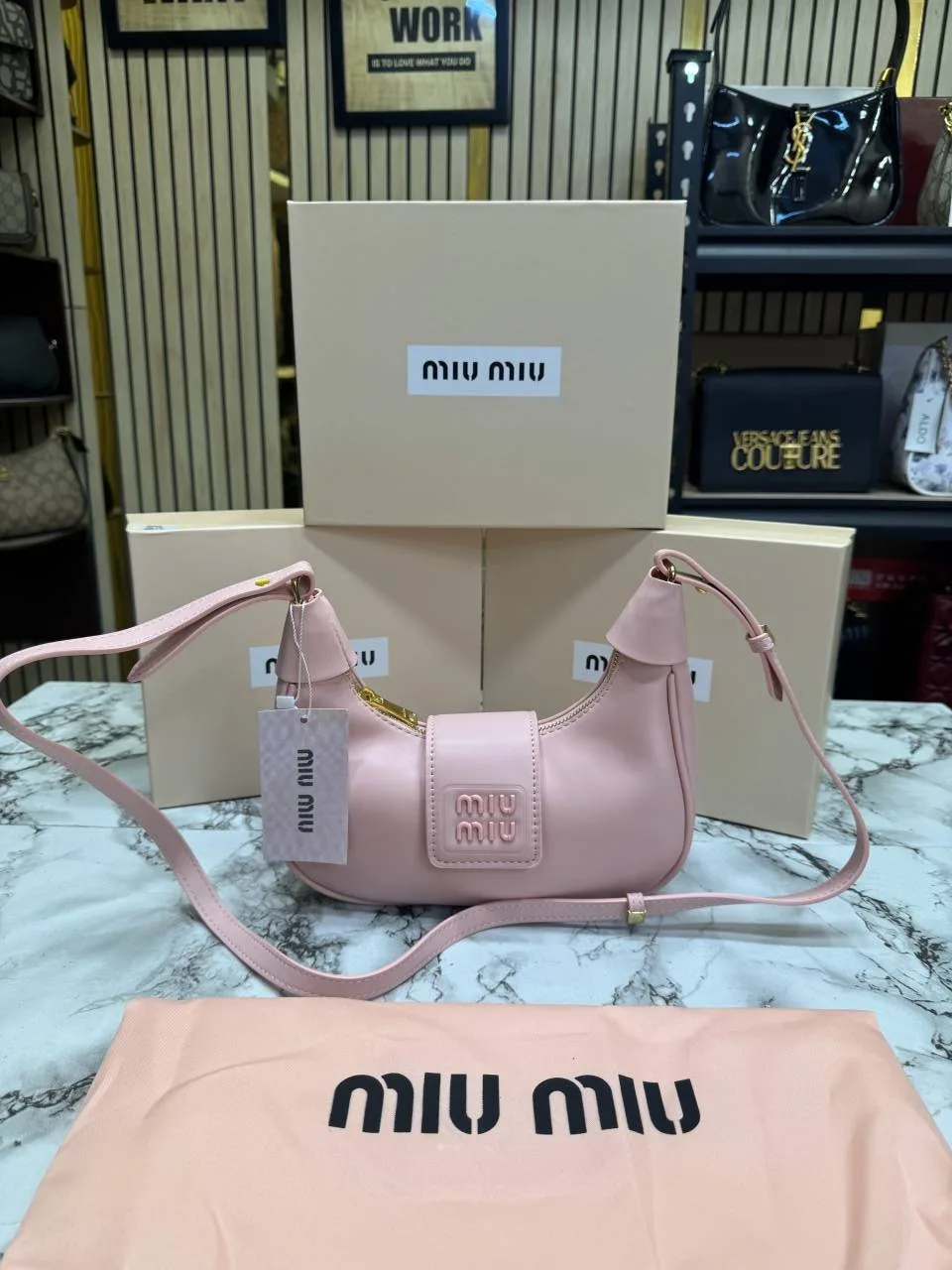 Miu Miu Logo Crescent Styled Shoulder Bag With OG Box And Dust Bag Pink (319)