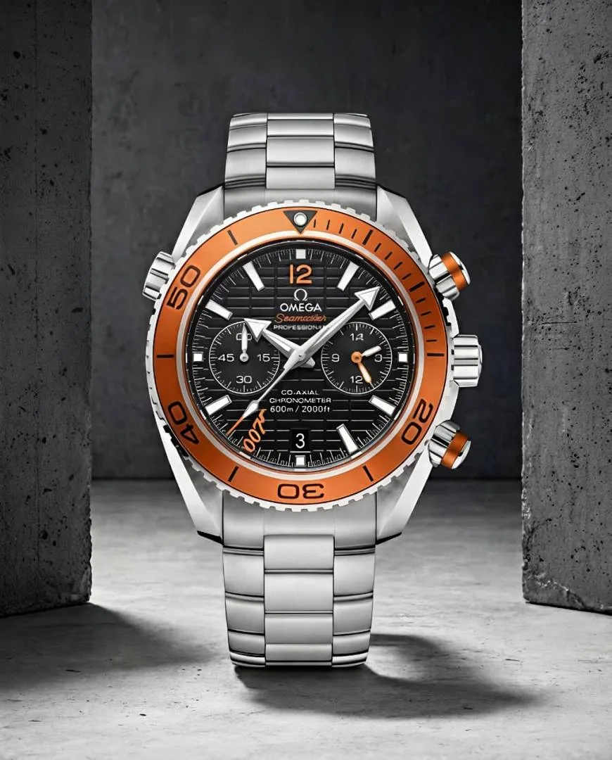 OMEGG_A Seamaster Planet Ocean 600M Co-Axial Chronograph 007 silver Black orange.