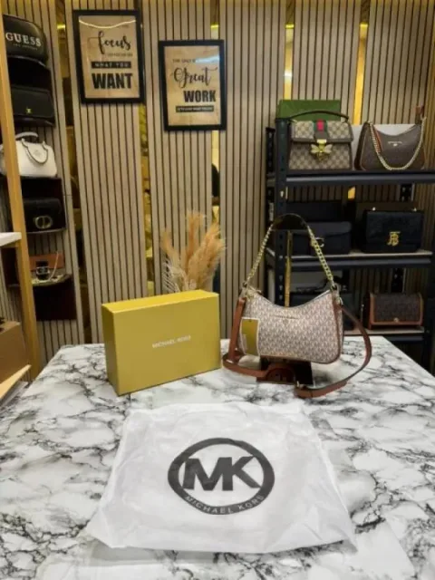 Michael Korrs Jet Set Charm Logo Sling Bag With Box And Dust Bag (4018-Beige)