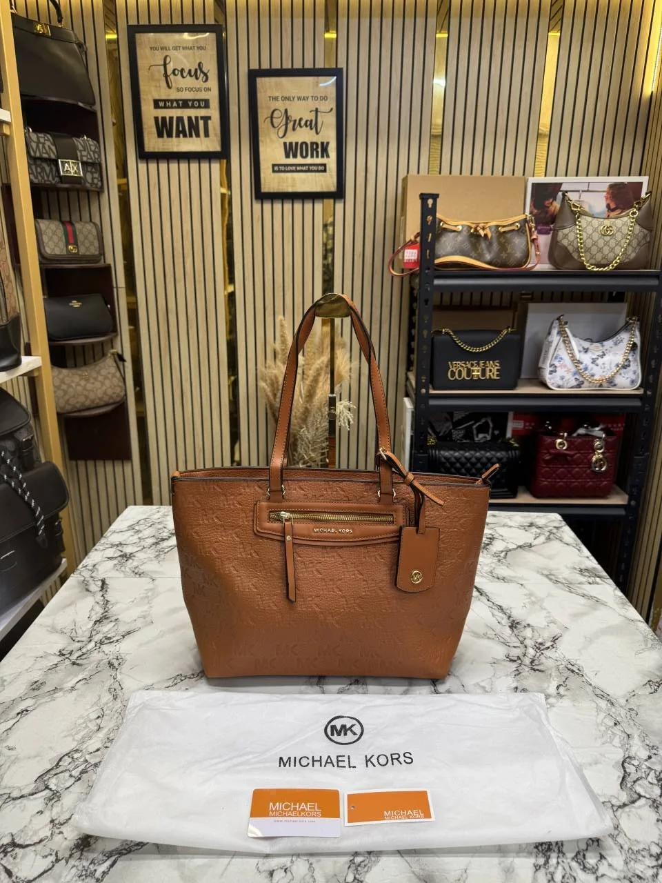Micheal Kors Jet Set Travel Signature Logo Tote Bag With Dust Bag (Brown) M11