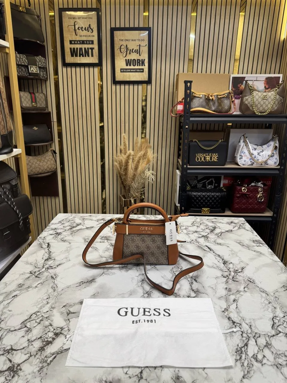 GUESS Brown Signature Mini Satchel Bag With Dust Bag