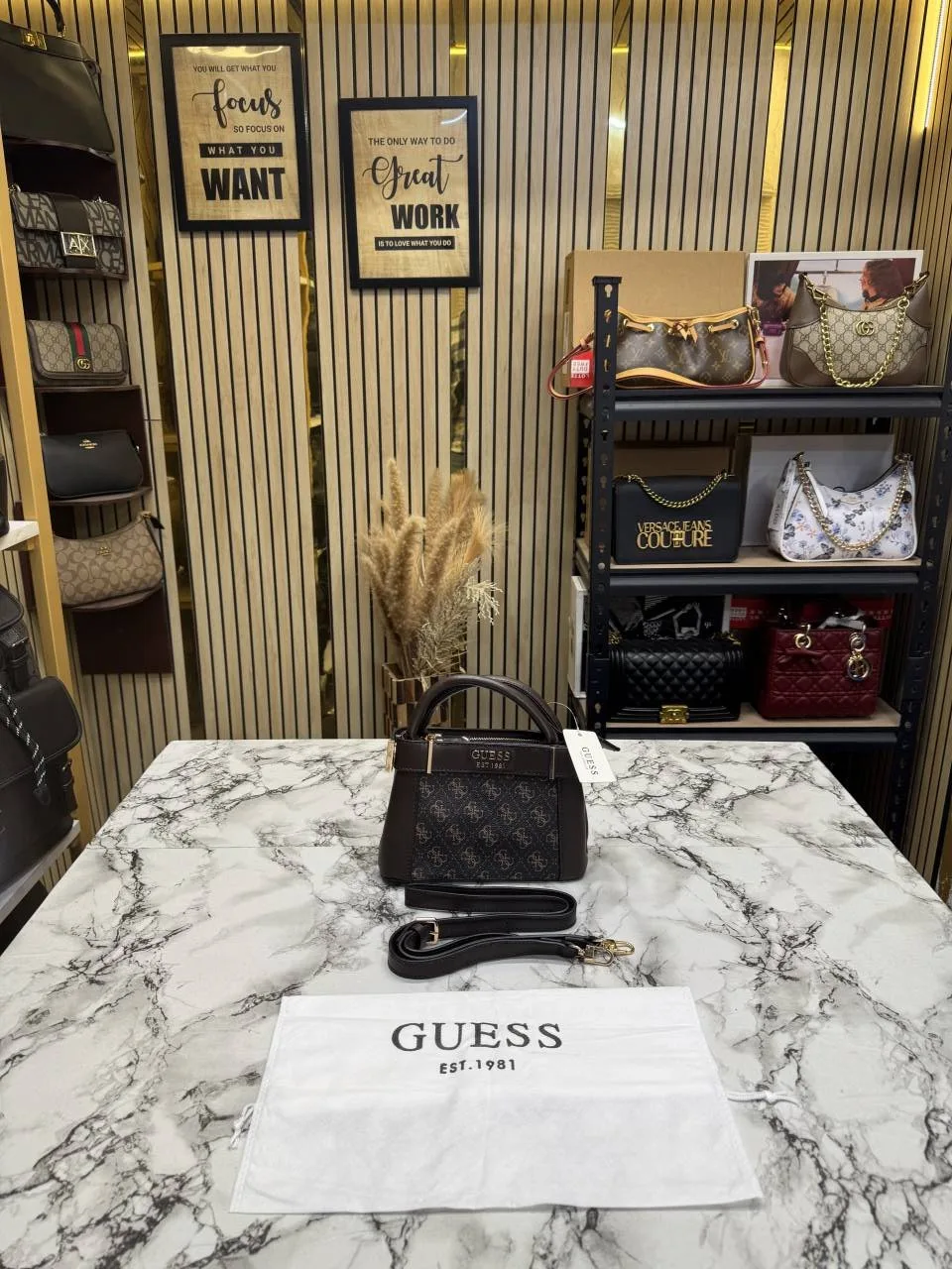 GUESS Coffee Signature Mini Satchel Bag With Dust Bag