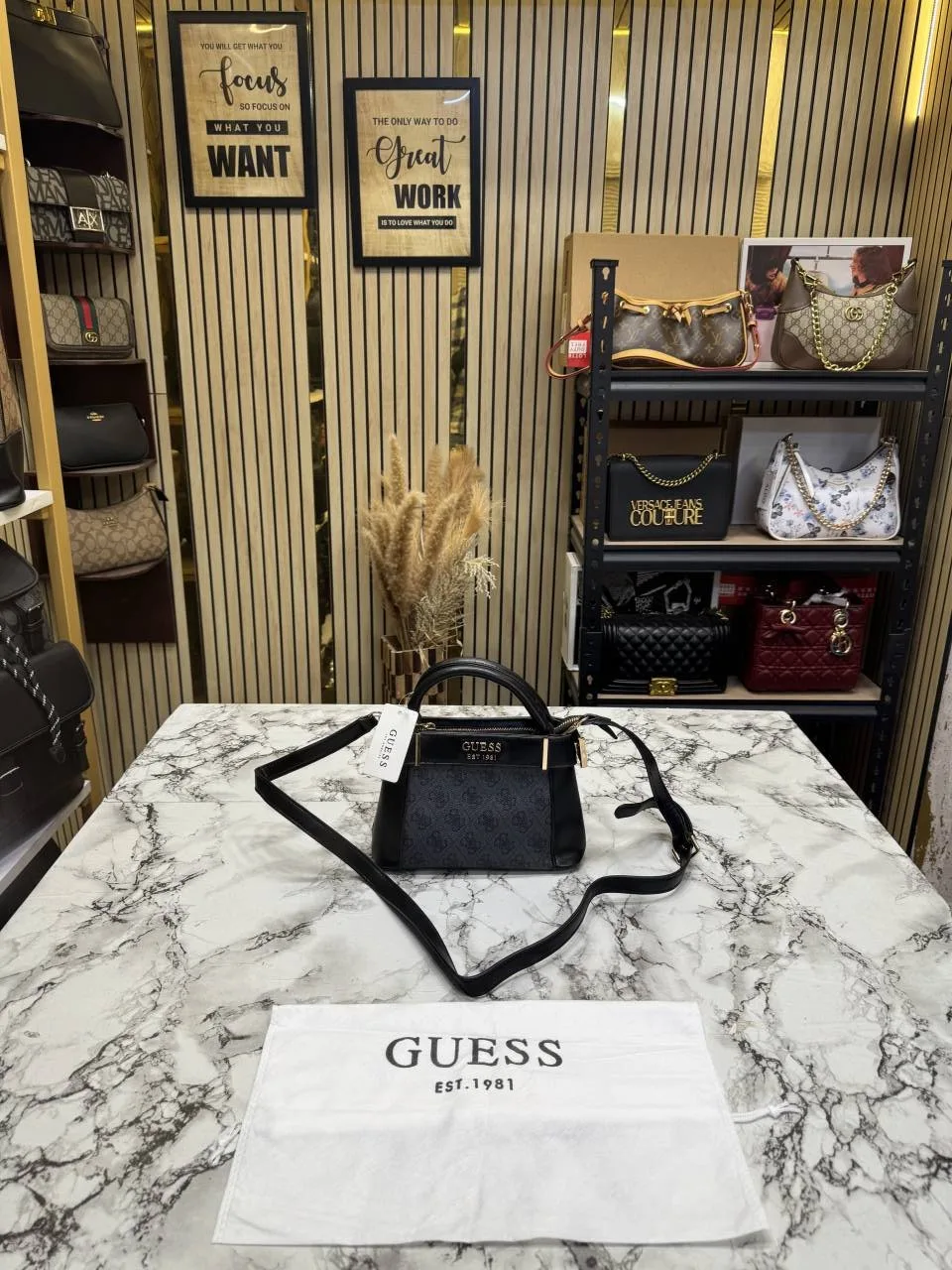 GUESS Black Signature Mini Satchel Bag With Dust Bag
