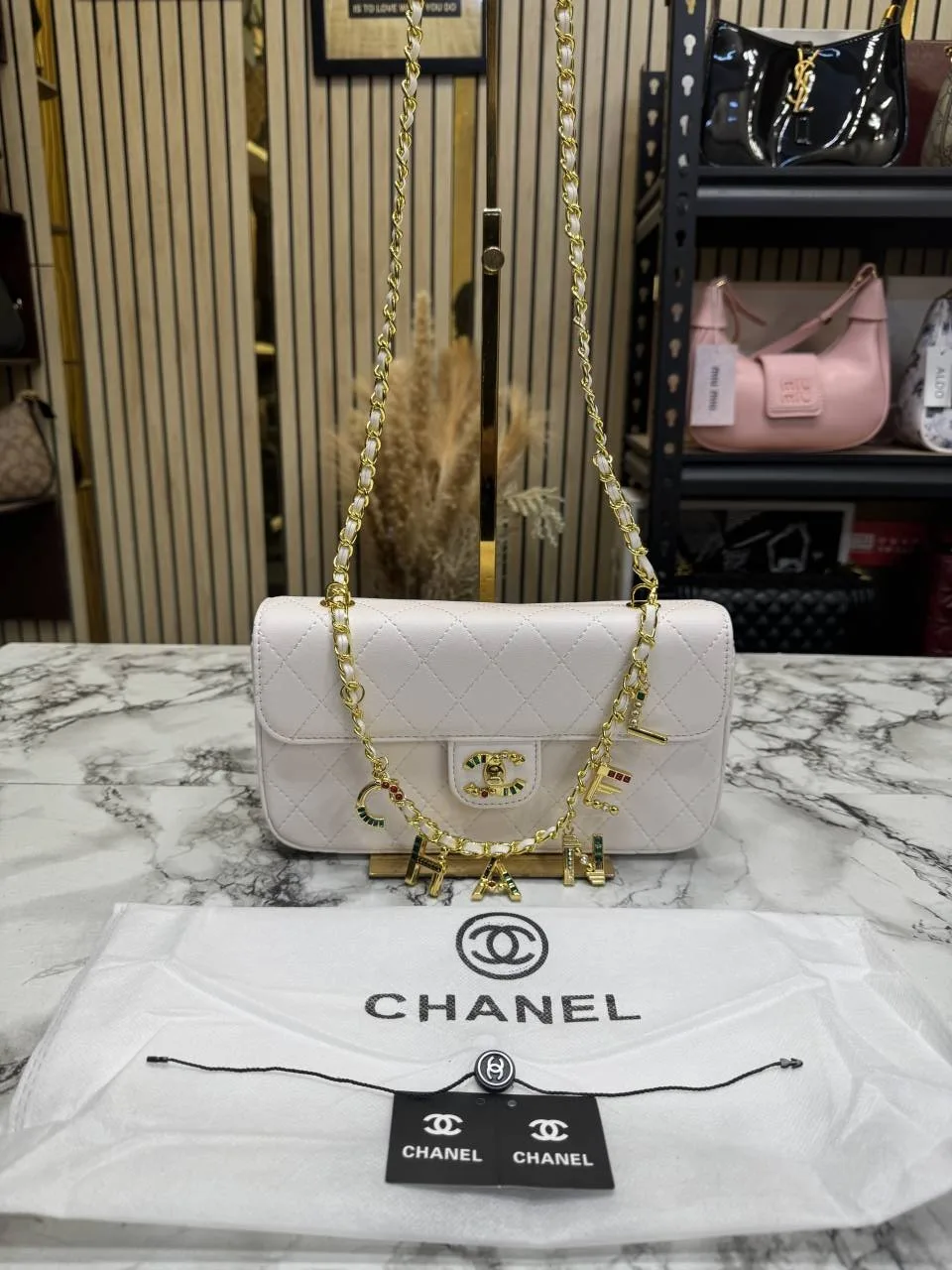 Chennel Quilted CC Charm Chain Shoulder Bag With OG Dust Bag White 2949