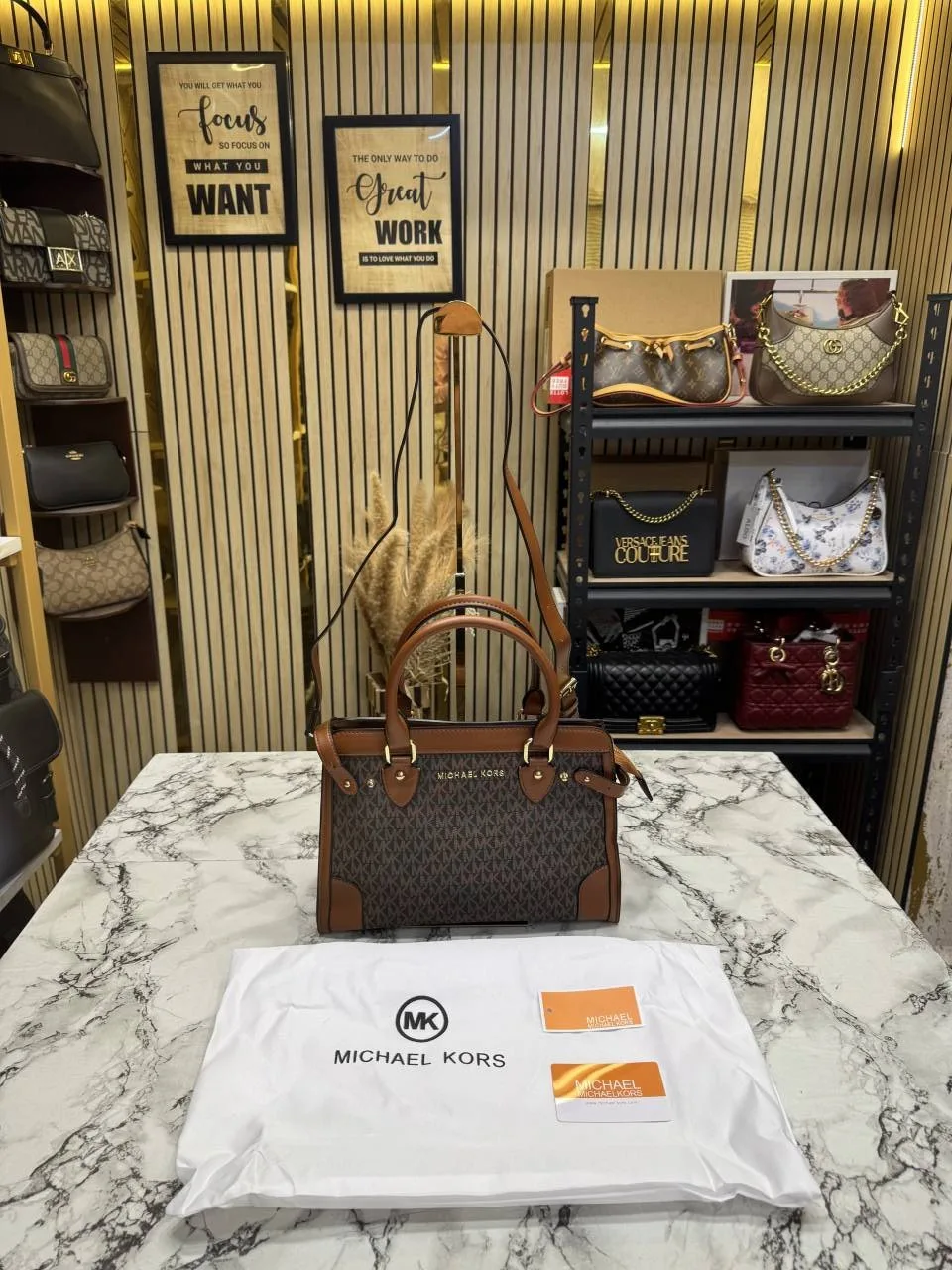 Micheal Kors Signature Logo Satchel Bag with OG Dust Bag (Coffee Brown)