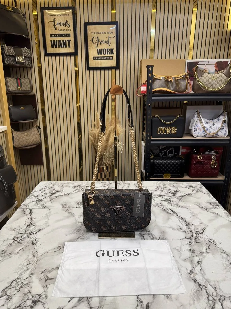 Guess Logo Quilted & Signature Chain Shoulder Bags with OG Dust Bag (Coffee)