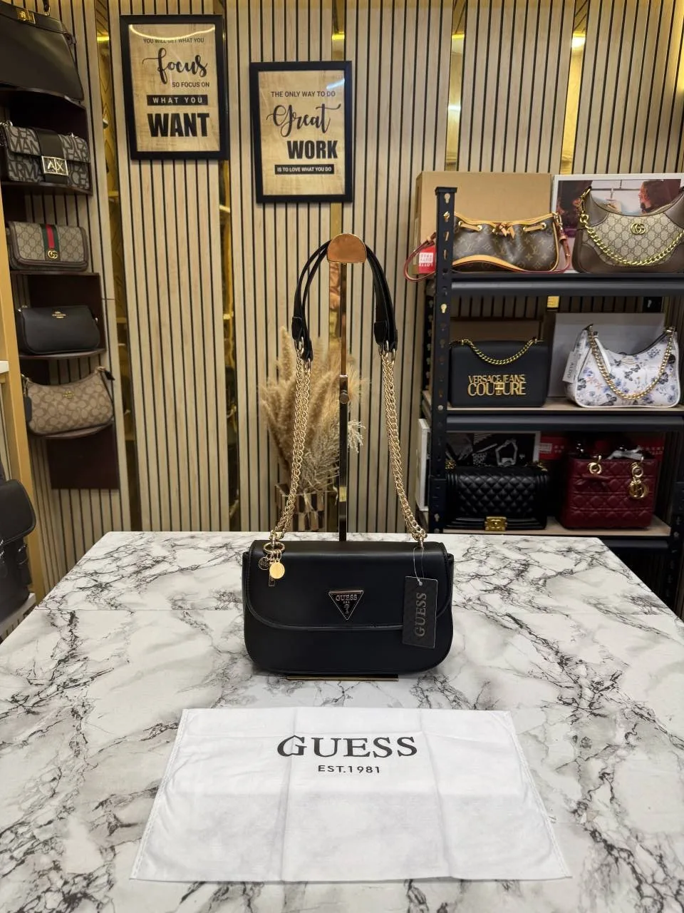 Guess Logo Quilted & Signature Chain Shoulder Bags with OG Dust Bag (Black)