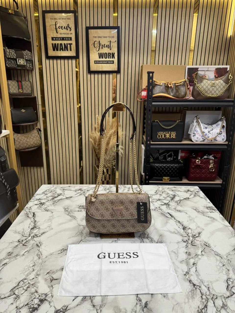 Guess Logo Quilted & Signature Chain Shoulder Bags with OG Dust Bag (Brown)