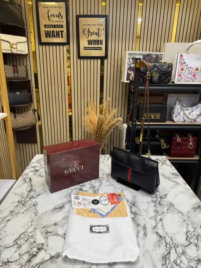 Gucc GG Noir With Stripe Mini Shoulder Bag Includes Box & Dust Bag (Black) (2223)