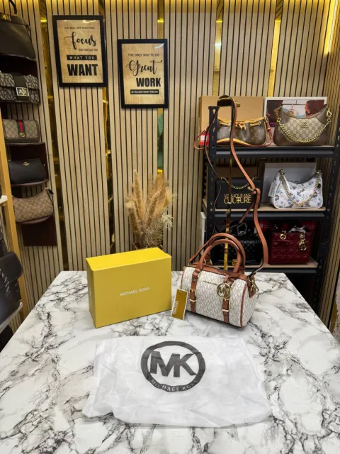 Micheal Kors Bedford Legacy Extra-Small Logo Duffle Crossbody Bag in Biege Logo-print Canvas With Acorn Leather (1712)