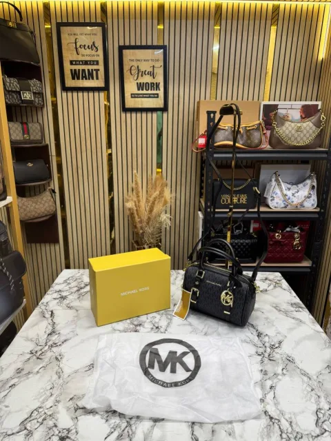 Micheal Kors Bedford Legacy Extra-Small Logo Duffle Crossbody Bag in Black Logo-print Canvas With Acorn Leather (1712)
