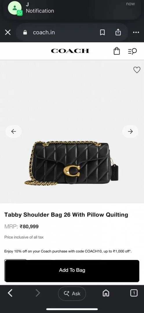 Coacch Tabby 26 pillow Quilting Leather Shoulder Bag With Ogbox Dustbag Etc Model 695