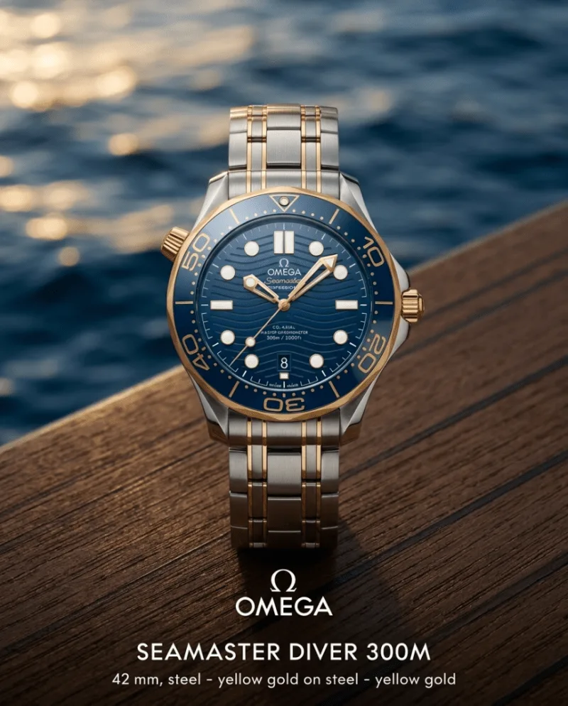 Omegha Seamaster Diver 300M Automatic 2Ton-Gold-Blue