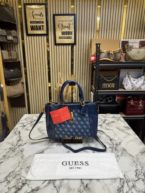 Guess Monogram Logo Satchel Bag Navy Blue With Dust Bag