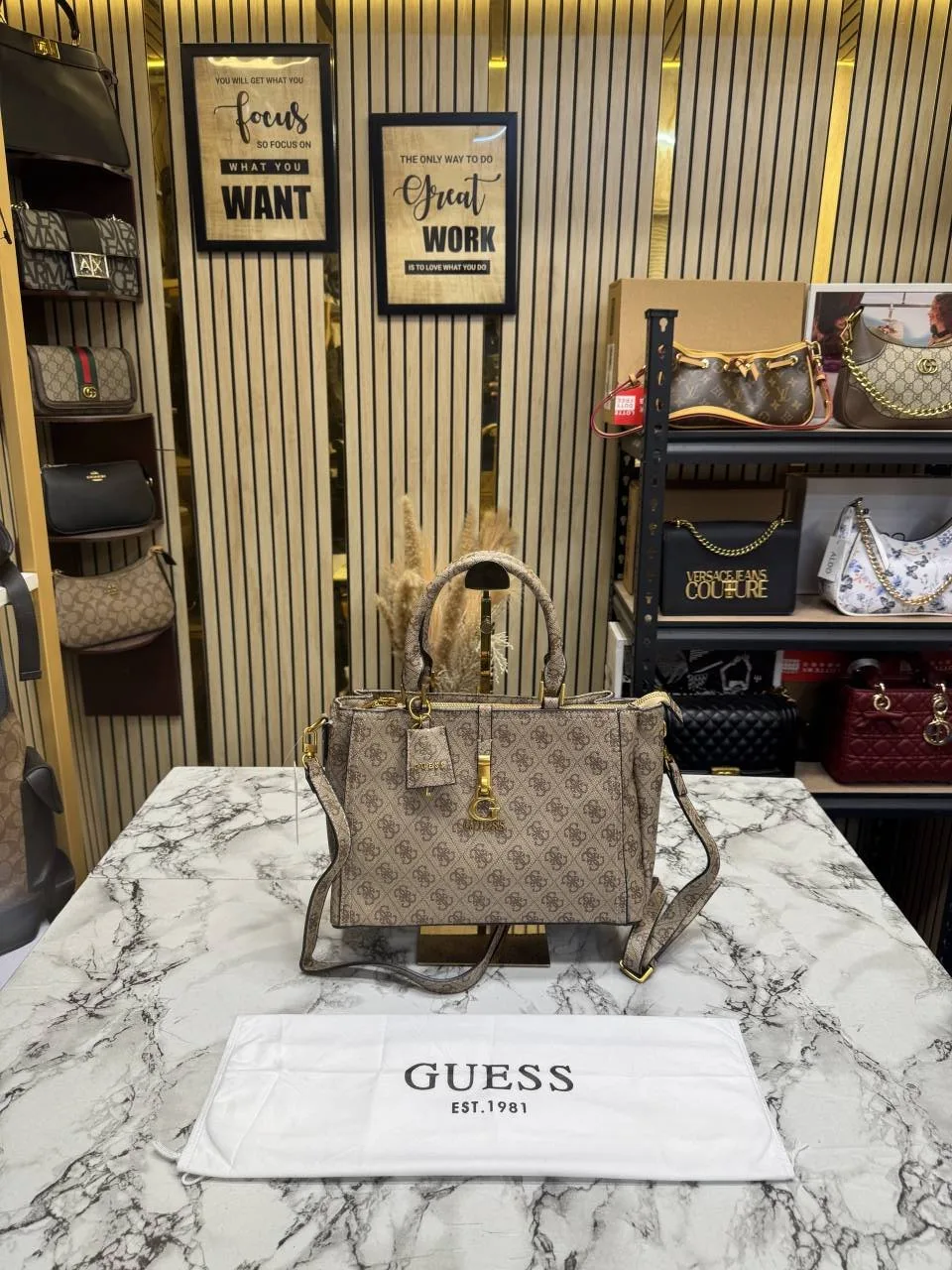 Guess Monogram Logo Satchel Bag Beige With Dust Bag
