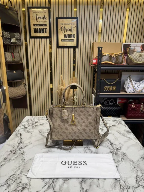 Guess Monogram Logo Satchel Bag Beige With Dust Bag