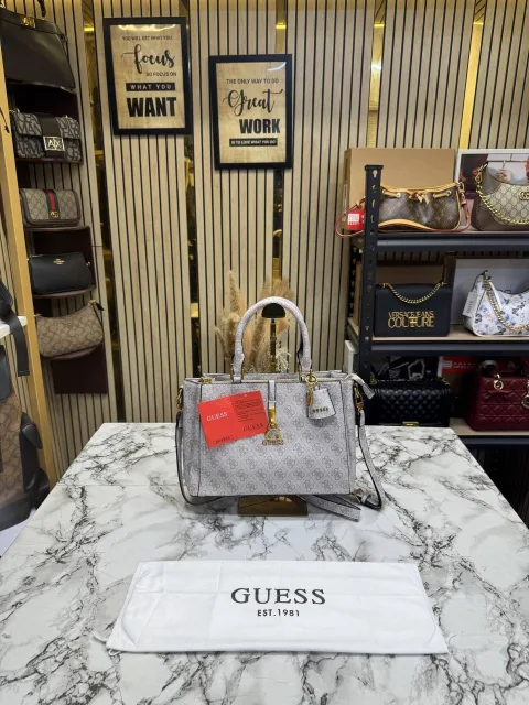 Guess Monogram Logo Satchel Bag Grey With Dust Bag