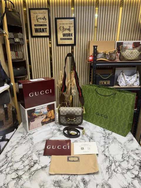Guchi Horsebit 1955 Shoulder Bag GG Supreme Brown With Double Box Carry Bag & Dust Bag (658574)