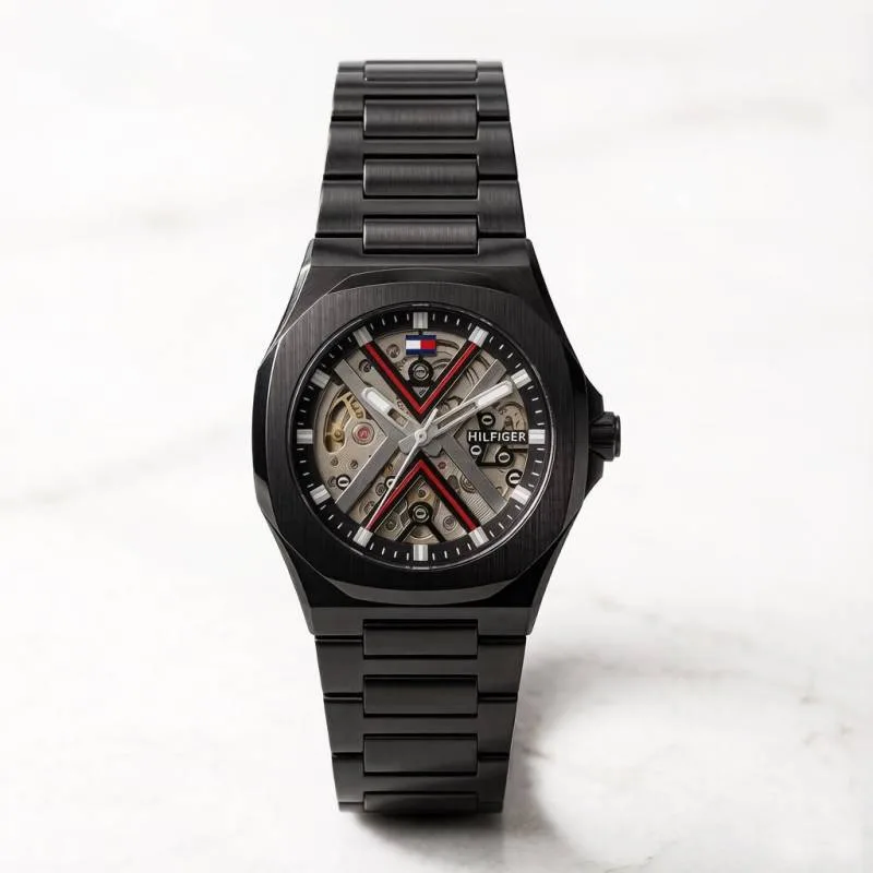 Tommmy Hilfige_r Skeleton Automatic Full Black-Red