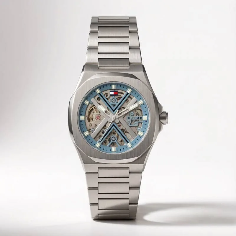 Tommmy Hilfige_r Skeleton Automatic Silver-Sky Blue
