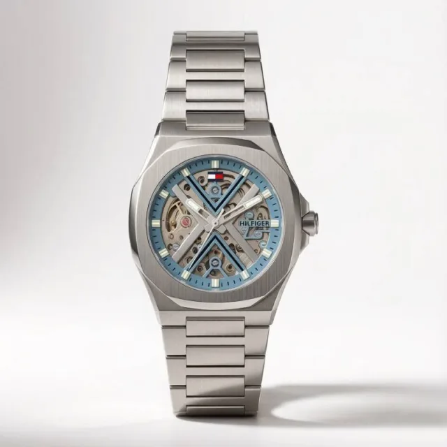 Tommmy Hilfige_r Skeleton Automatic Silver-Sky Blue