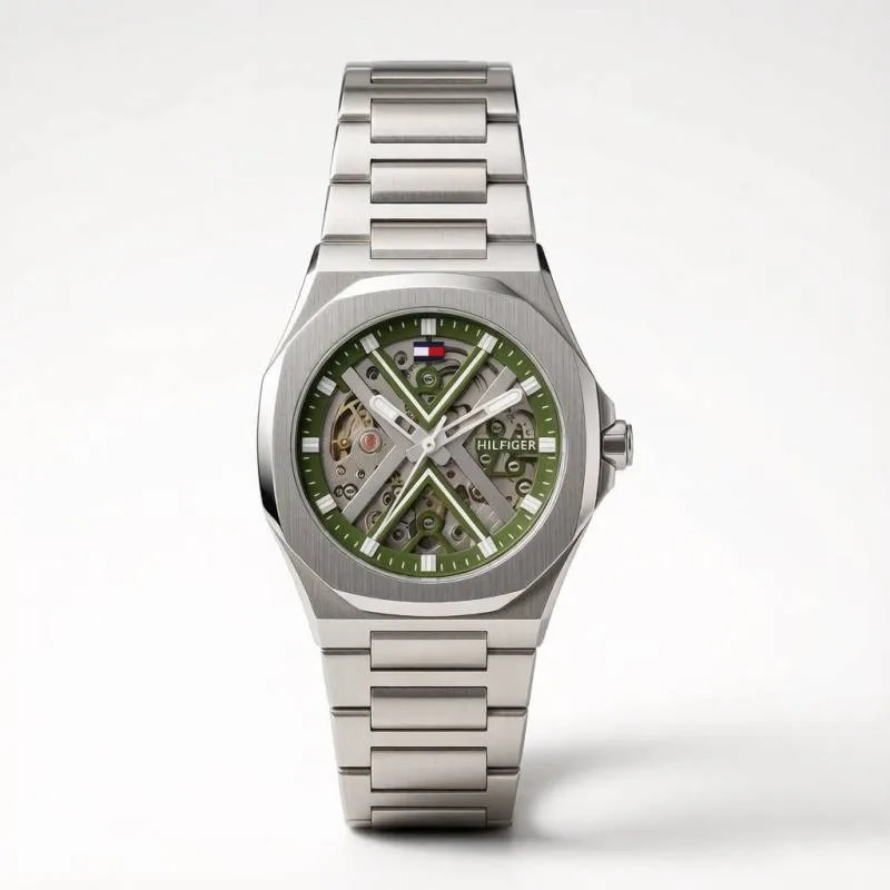 Tommmy Hilfige_r Skeleton Automatic Silver-Green