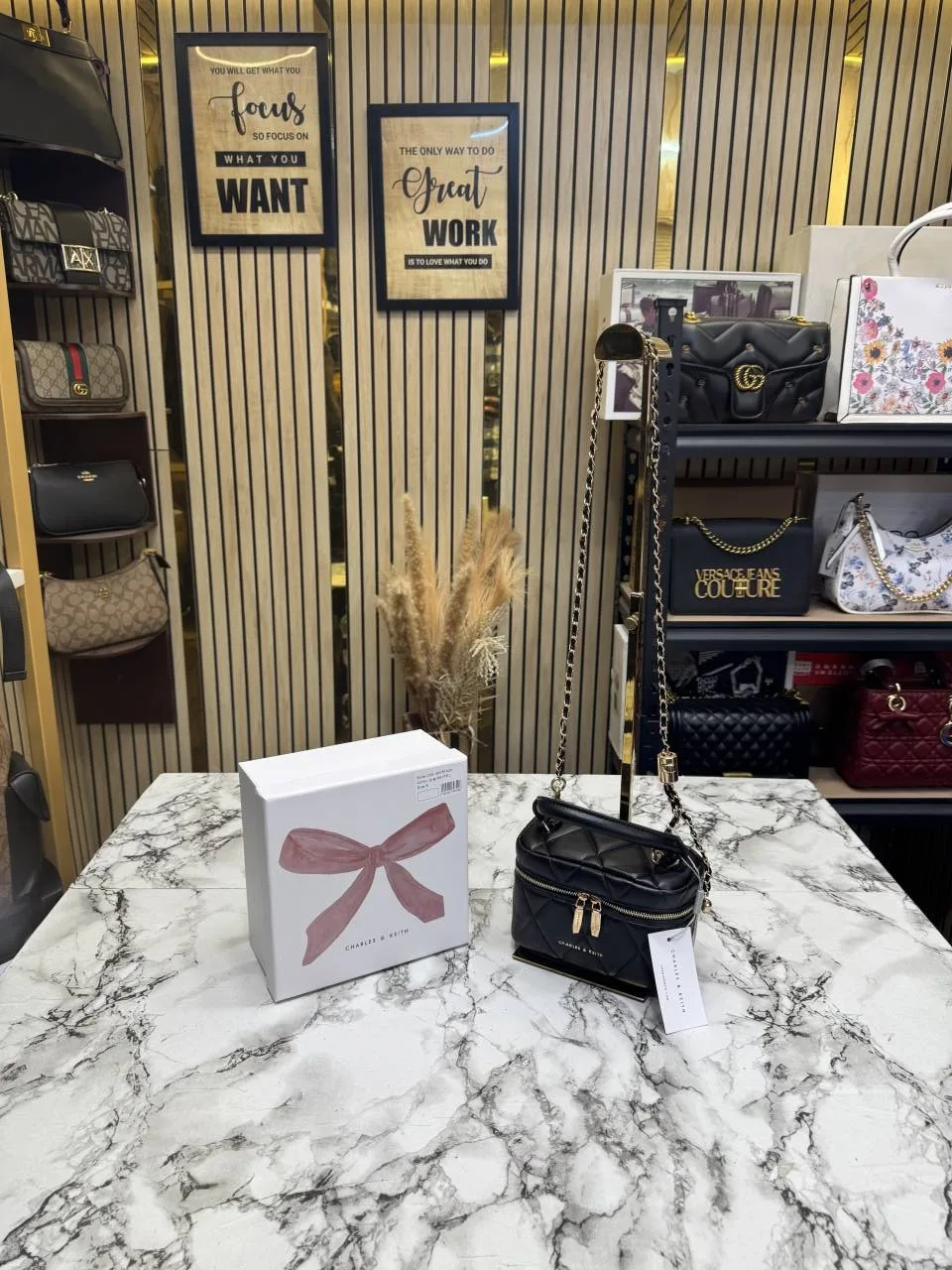 Charls & Keith Alva Quilted Top Handle Bag With OG Box Black