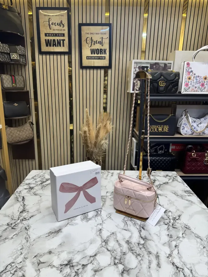 Charls & Keith Alva Quilted Top Handle Bag With OG Box Pink
