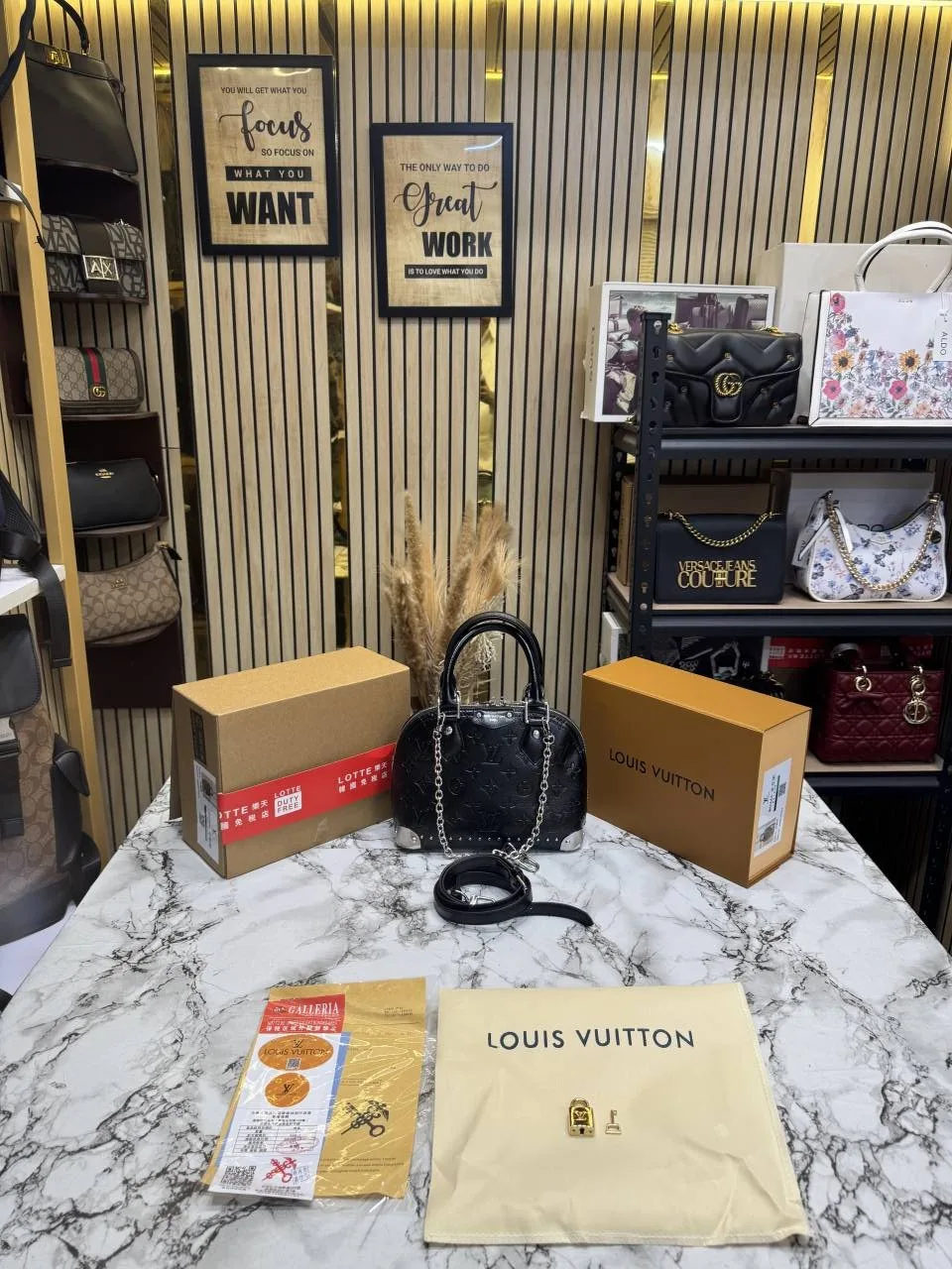 LOUI VUITTON ALMA TRUNK BB MONOGRAM PREMIUM BAG WITH OG DOUBLE BOX AND DUST BAG (BLACK)