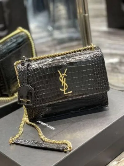 Ysl_ Saint Laurent Sunset shoulder bag features crocodile-embossed leather and signature gold-tone YSL hardware With Double box packing