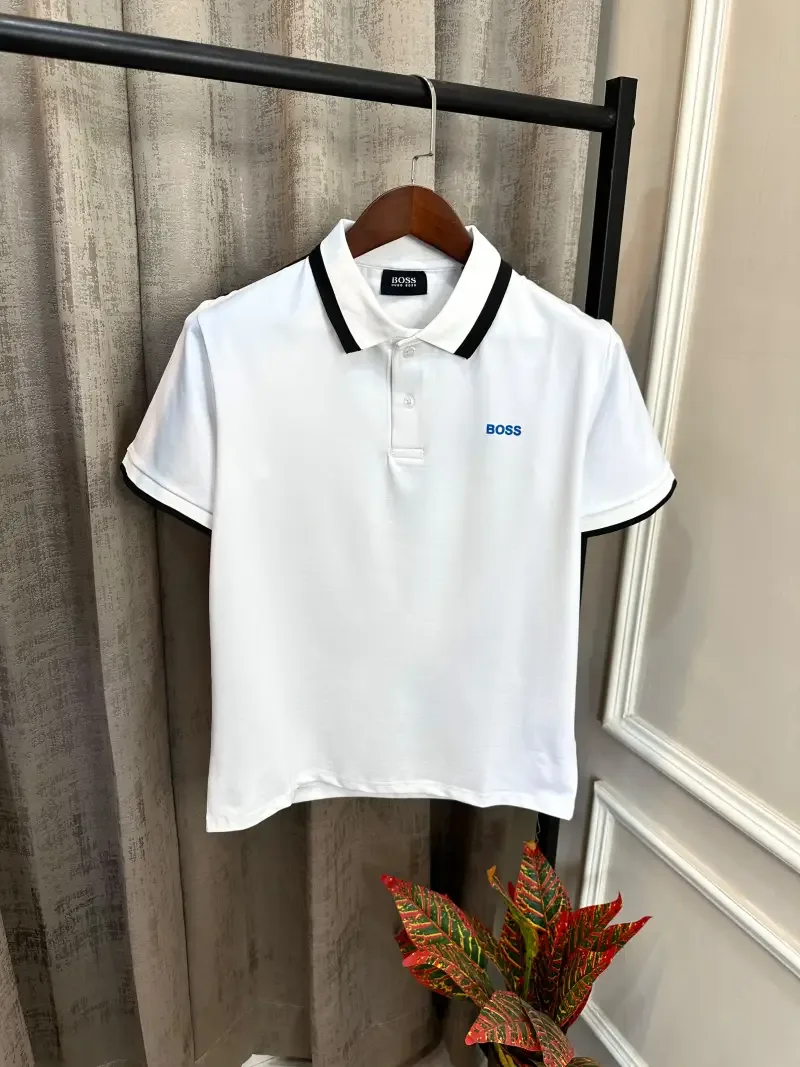 Hugo Bos White Premium Collar Design & Embroidery Logo Polo T-Shirt(1543)