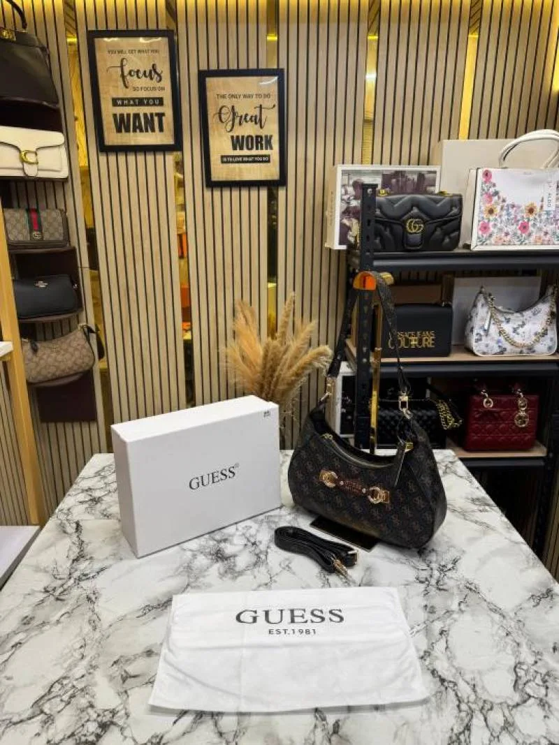 Guess Signature Logo Printed Monogram Hobo Shoulder Bag With Box And Dust Bag (Brown)