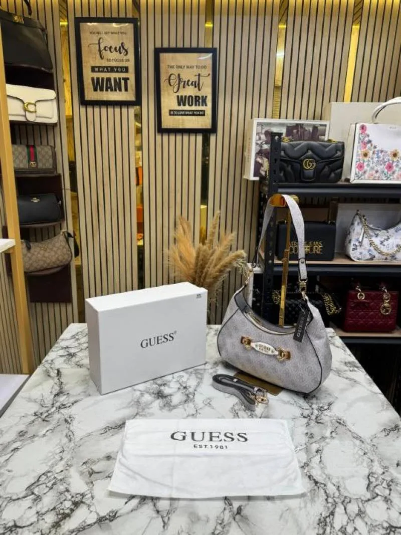 Guess Signature Logo Printed Monogram Hobo Shoulder Bag With Box And Dust Bag (White)