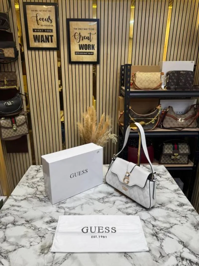 Guess Quilted G Flap Shoulder Bag With Box And Dust Bag (White)