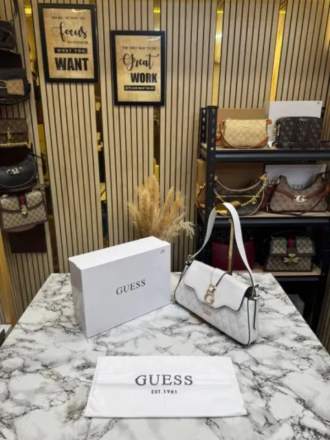 Guess Quilted G Flap Shoulder Bag With Box And Dust Bag (White)