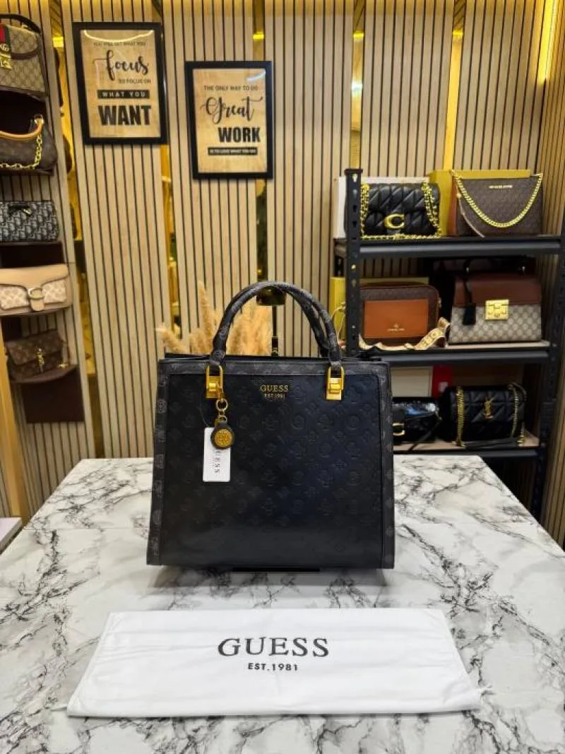 GUESS ELAVATE EMBOSSED TOTE WITH DUST BAG PREMIUM QUALITY (BLACK)
