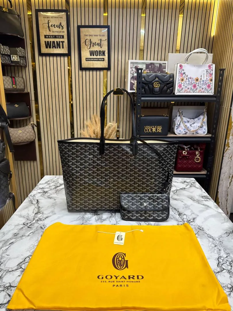 GOYARRD Saint Louiis PM Bag in Black Chevron Canvas Tote Bag with Matching Pouch & Dust Bag