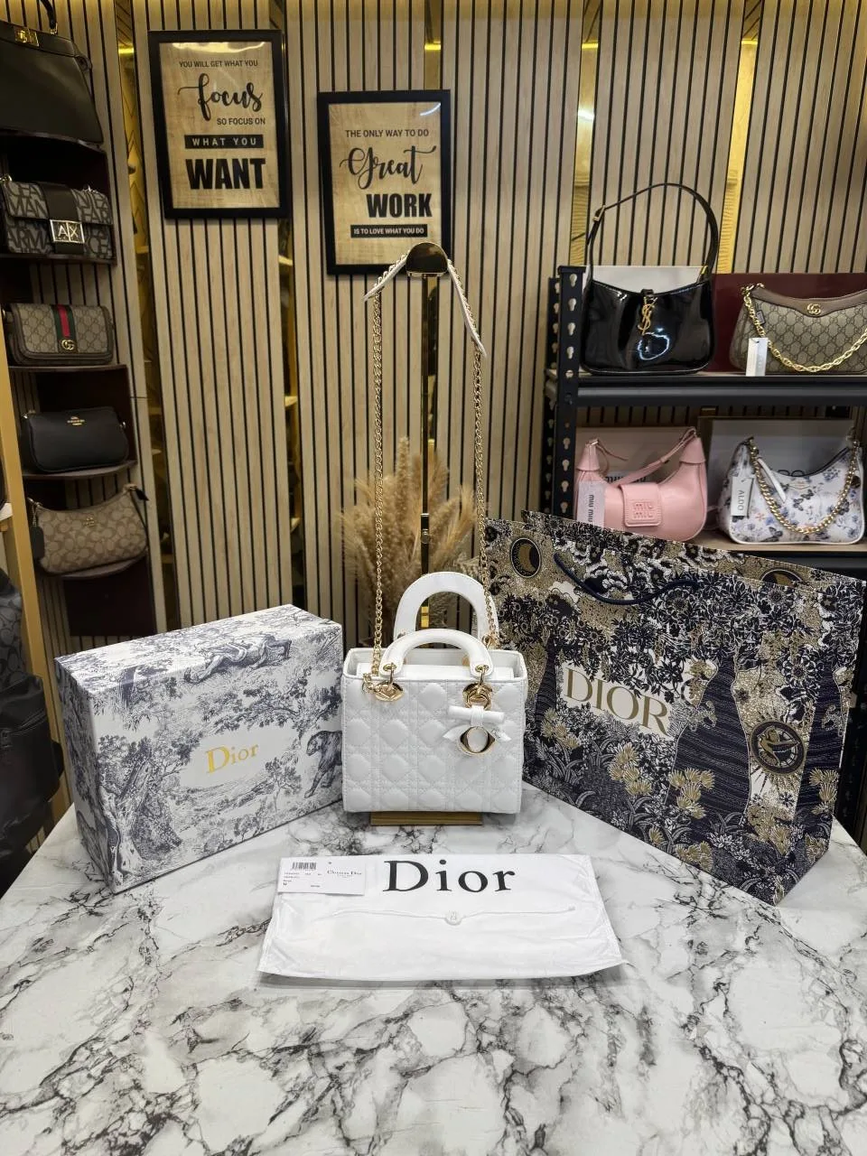 CHRISTIAN DIYOR LADY CANNAGE WITH OG BOX AND DUST BAG INCLUDING CARRY BAG 2111 WHITE