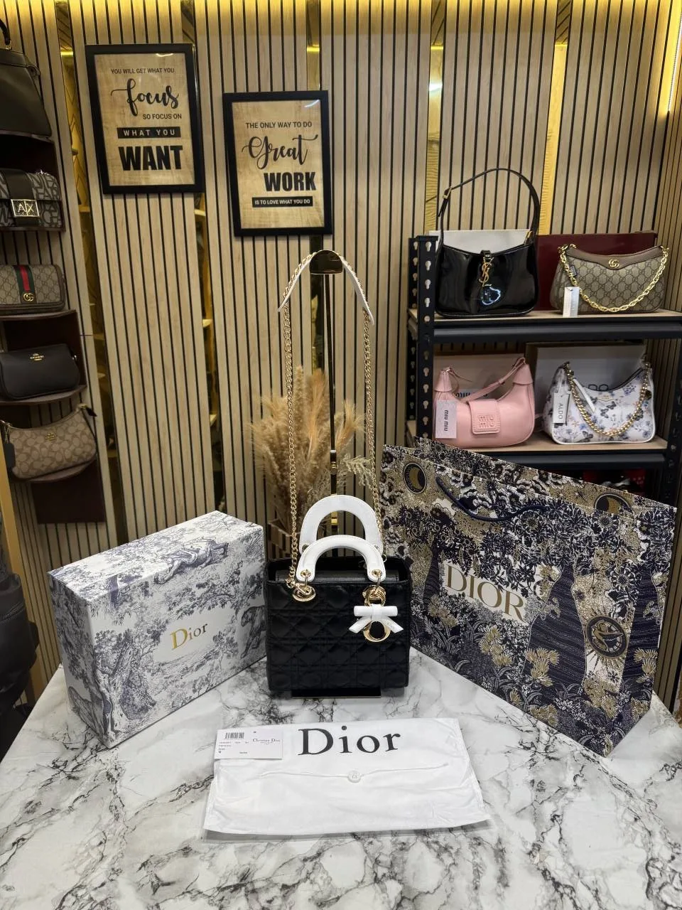 CHRISTIAN DIYOR LADY CANNAGE WITH OG BOX AND DUST BAG INCLUDING CARRY BAG 2111 WHITE BLACK